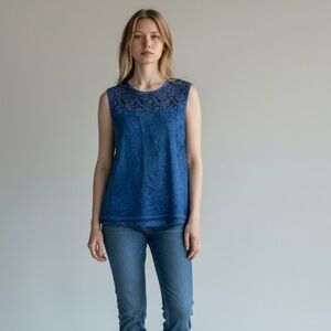 Blue Cotton and Lace Short Sleeved Blouse Tank, Size Large